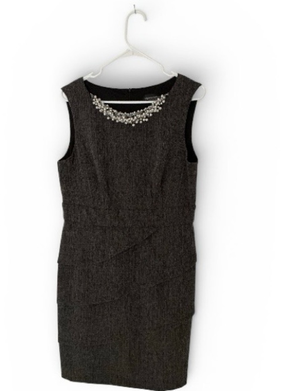 connected apparel Charcoal Layered Skirt Midi Dress with Pearl Collar Detail